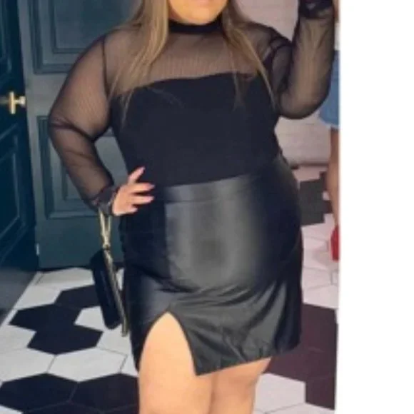 Plus faux leather Split Side Skirt BLACK - Picture 3 of 7